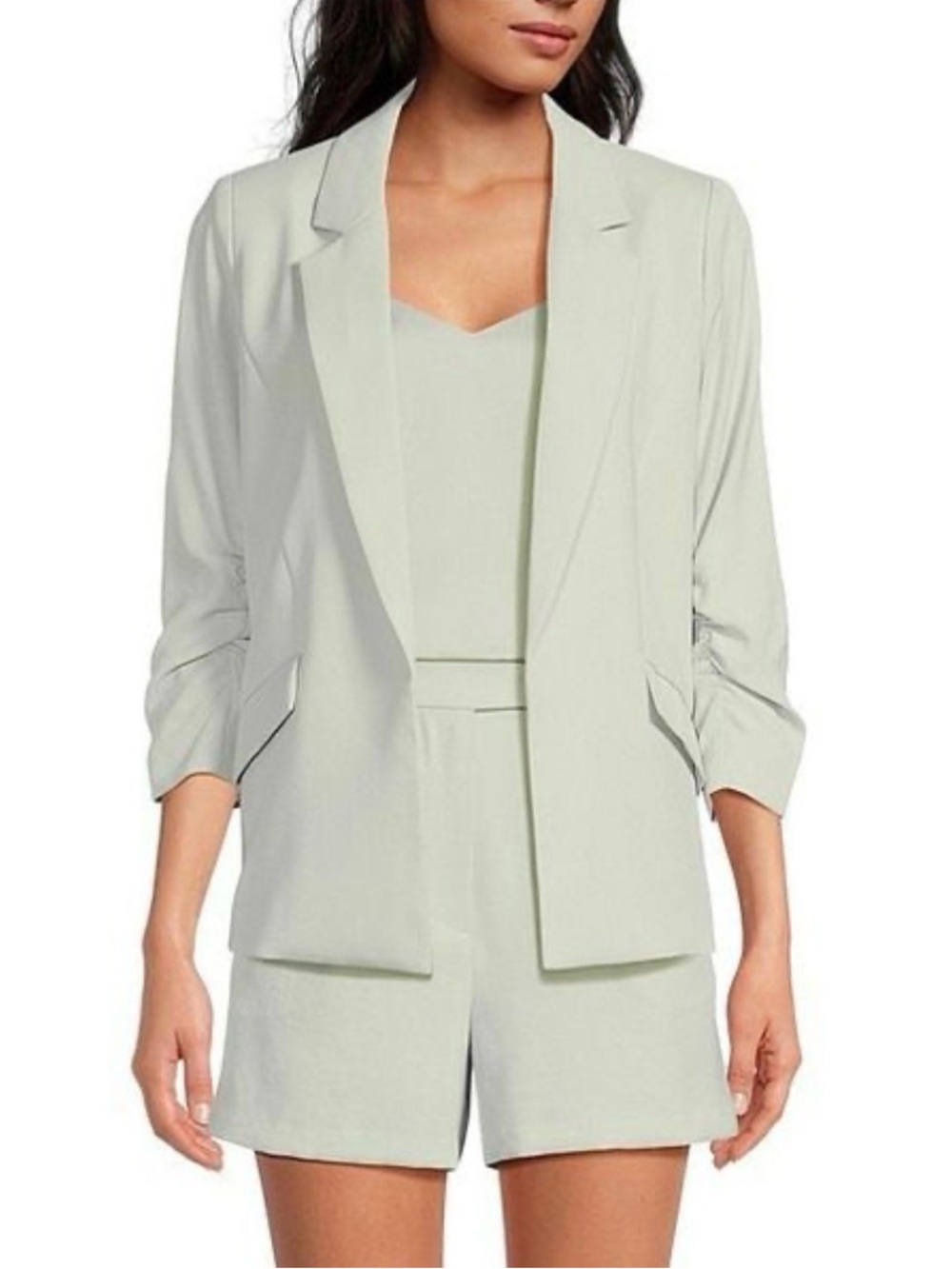 Skies Are Blue Sage Open-Front Cropped Sleeve Blazer